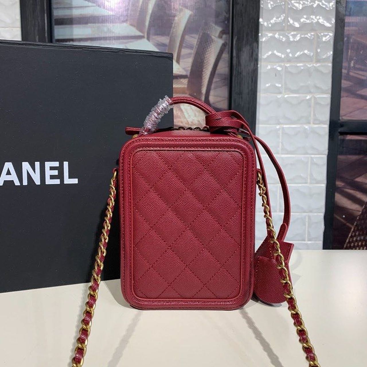 Chanel Filigree Vertical Vanity Case Bag Burgundy For Women, Women&#8217;s Handbags, Shoulder And Crossbody Bags 6.7in/17cm