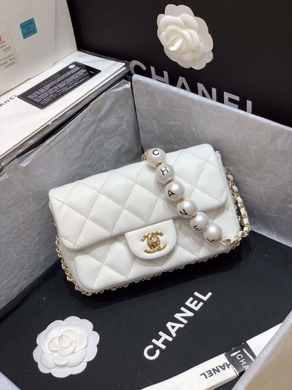 ChanelSmall Pearl Logo Strap Flap Bag White For Women, Women’s Handbags, Shoulder And Crossbody Bags 7in/18cm AS1436