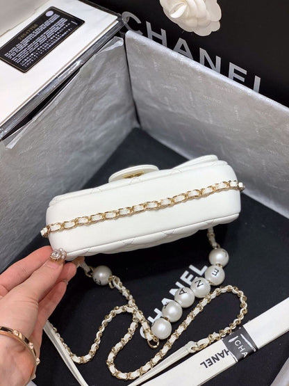 ChanelSmall Pearl Logo Strap Flap Bag White For Women, Women’s Handbags, Shoulder And Crossbody Bags 7in/18cm AS1436