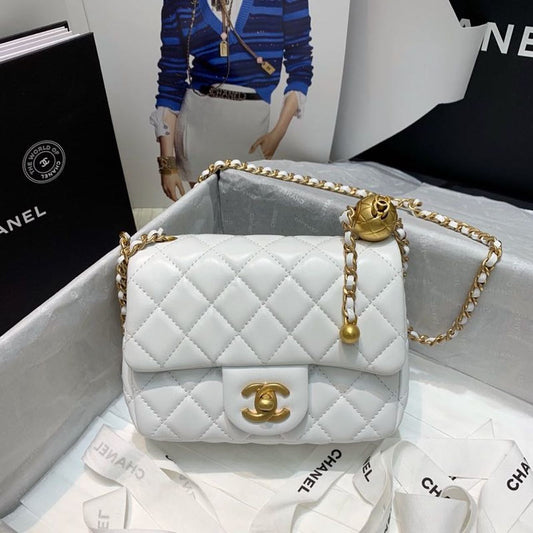 ChanelMini Flap Bag With ChanelBall On Strap White For Women, Women’s Handbags, Shoulder And Crossbody Bags 6.7in/17cm AS1786