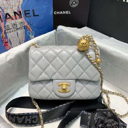 Chanel Classic Flap With Charm Chain With Chanel Details On Strap Bag 17cm/7inch Gold Hardware Grey