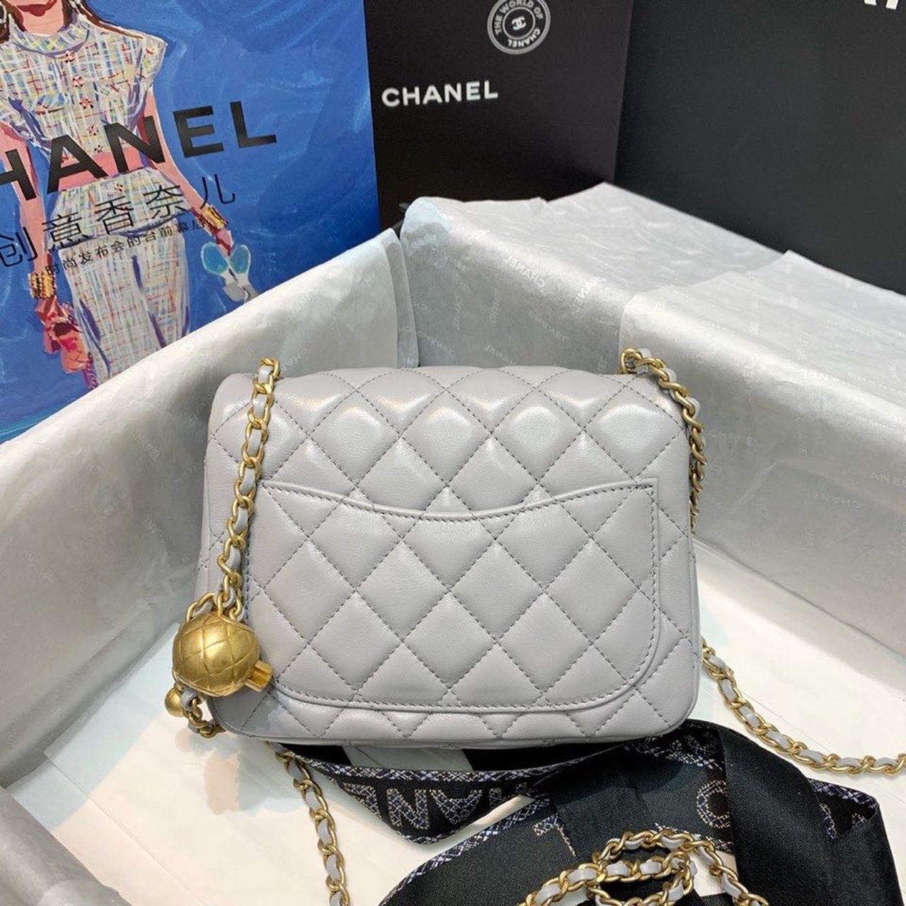 Chanel Classic Flap With Charm Chain With Chanel Details On Strap Bag 17cm/7inch Gold Hardware Grey