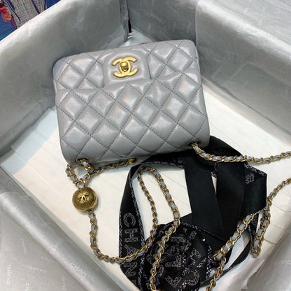 Chanel Classic Flap With Charm Chain With Chanel Details On Strap Bag 17cm/7inch Gold Hardware Grey