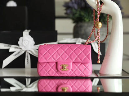 Chanel Classic Flap With Charm Chain With Chanel Ball On Strap Bag 20cm Gold Toned Hardware Lambskin Leather Spring/Summer Collection, Pink