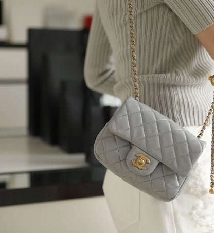 ChanelMini Flap Bag With ChanelBall On Strap Grey For Women, Women&#8217;s Handbags, Shoulder And Crossbody Bags 6.7in/17cm AS1786