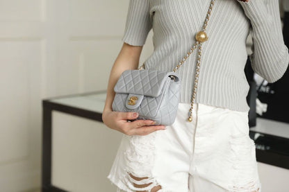 ChanelMini Flap Bag With ChanelBall On Strap Grey For Women, Women&#8217;s Handbags, Shoulder And Crossbody Bags 6.7in/17cm AS1786