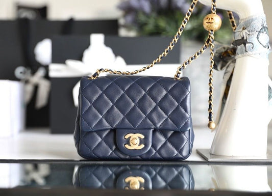 ChanelMini Flap Bag With ChanelBall On Strap Navy Blue For Women, Women’s Handbags, Shoulder And Crossbody Bags 6.7in/17cm AS1786