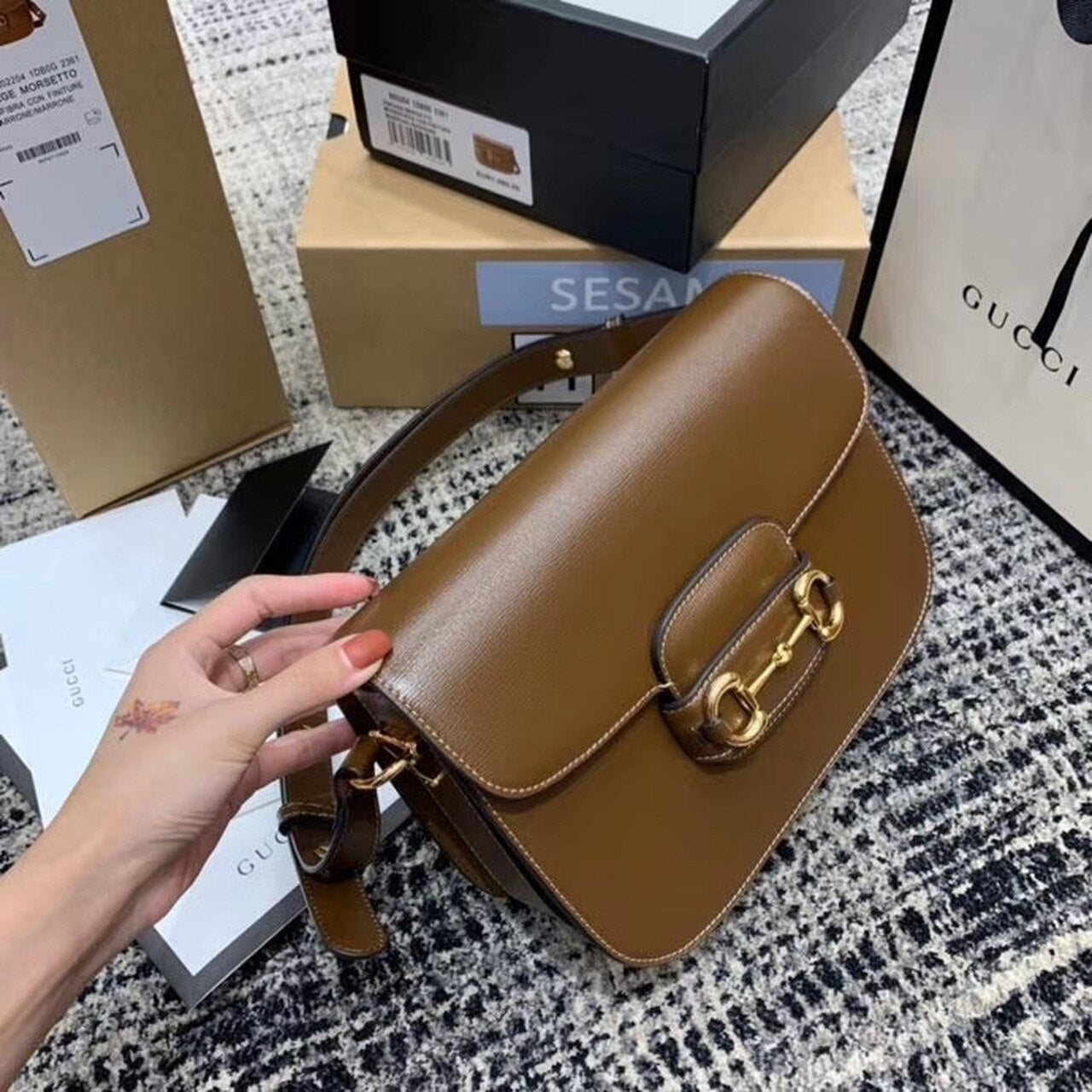 gg Horsebit 1955 Shoulder Bag Brown Textured With A Vintage Effect For Women 9.8in/25cm gg ‎602204 1DB0G 2361
