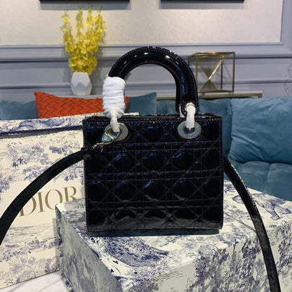 DI Small Lady Bag Black Patent Cannage For Women 8in/20cm CD M0531OWCB_M900