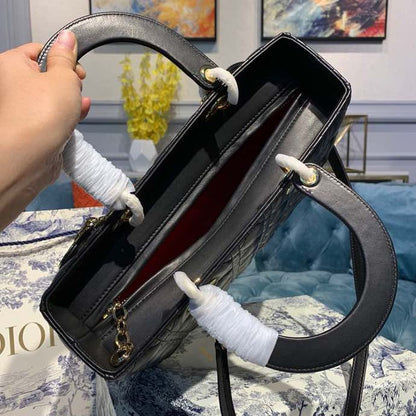 DI Large Lady Bag Gold Toned Hardware Black Cannage For Women 12.5in/32cm CD