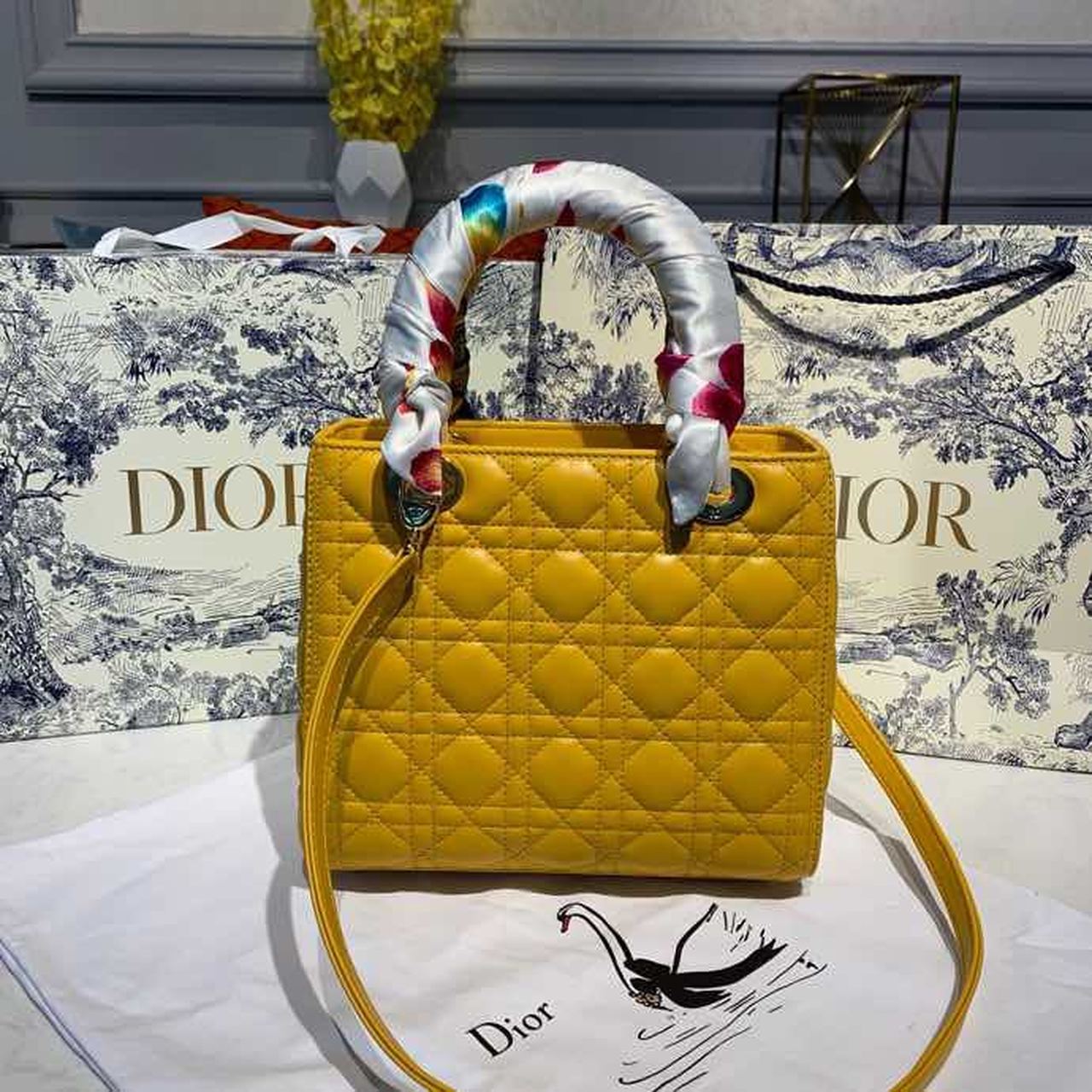 DI Medium Lady Bag Silver Hardware Yellow For Women 9.5in/24cm CD