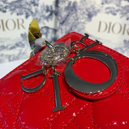 DI Small Lady Bag Gold Toned Hardware Cherry Red Patent For Women 8in/20cm CD M0531OWCB_M323