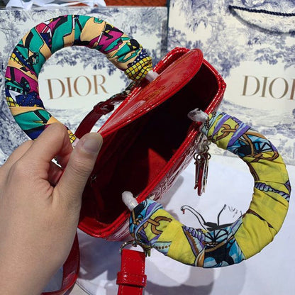 DI Small Lady Bag Gold Toned Hardware Cherry Red Patent For Women 8in/20cm CD M0531OWCB_M323