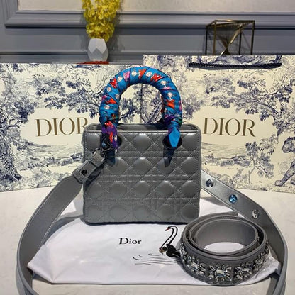 DI Small Lady Bag Silver Hardware with Embellished Bag Strap Pearl Grey For Women 8in/20cm CD