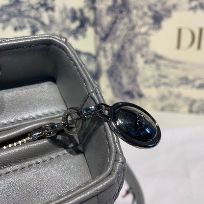 DI Medium Lady Bag Silver Hardware with Embellished Bag Strap Pearl Grey For Women 9.5in/24cm CD