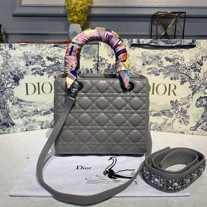 DI Medium Lady Bag Silver Hardware with Embellished Bag Strap Grey For Women 9.5in/24cm CD