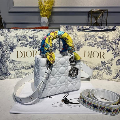 DI Small Lady Bag Silver Hardware with Embellished Bag Strap White For Women 8in/20cm CD