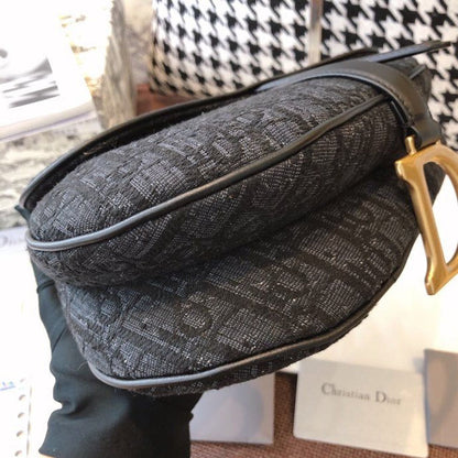 DI Saddle Bag Black Oblique Embroidered Canvas Gold Toned Hardware For Women 25cm/10in CD