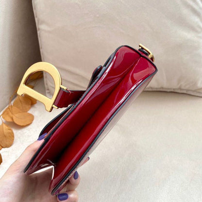 DI Micro Saddle Bag Red Patent Gold Toned Hardware For Women 19.5cm/7.6in CD