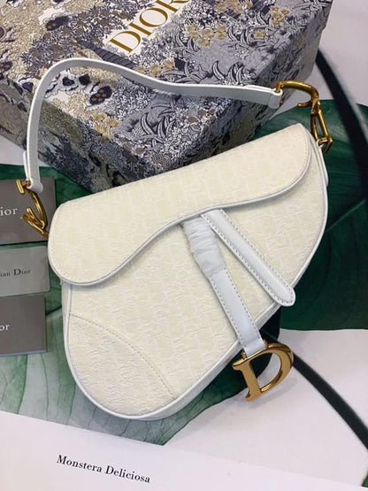 DI Saddle Bag White Oblique Embroidered Canvas Gold Toned Hardware For Women 25cm/10in CD