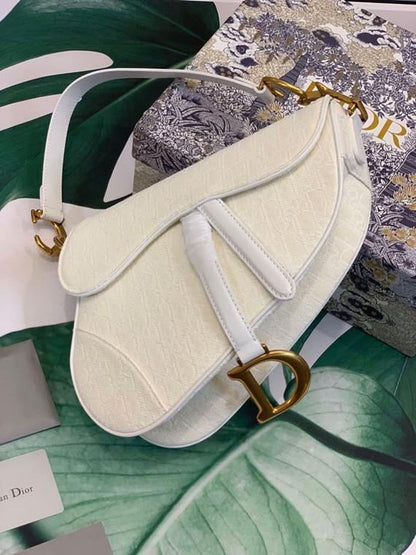 DI Saddle Bag White Oblique Embroidered Canvas Gold Toned Hardware For Women 25cm/10in CD