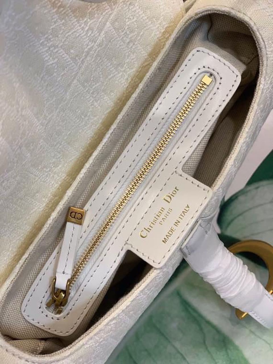 DI Saddle Bag White Oblique Embroidered Canvas Gold Toned Hardware For Women 25cm/10in CD