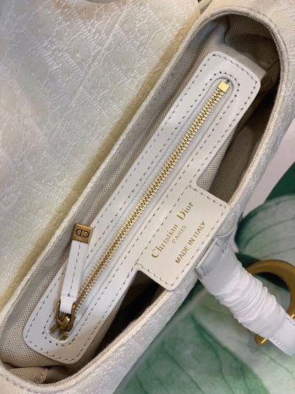 DI Saddle Bag White Oblique Embroidered Canvas Gold Toned Hardware For Women 25cm/10in CD
