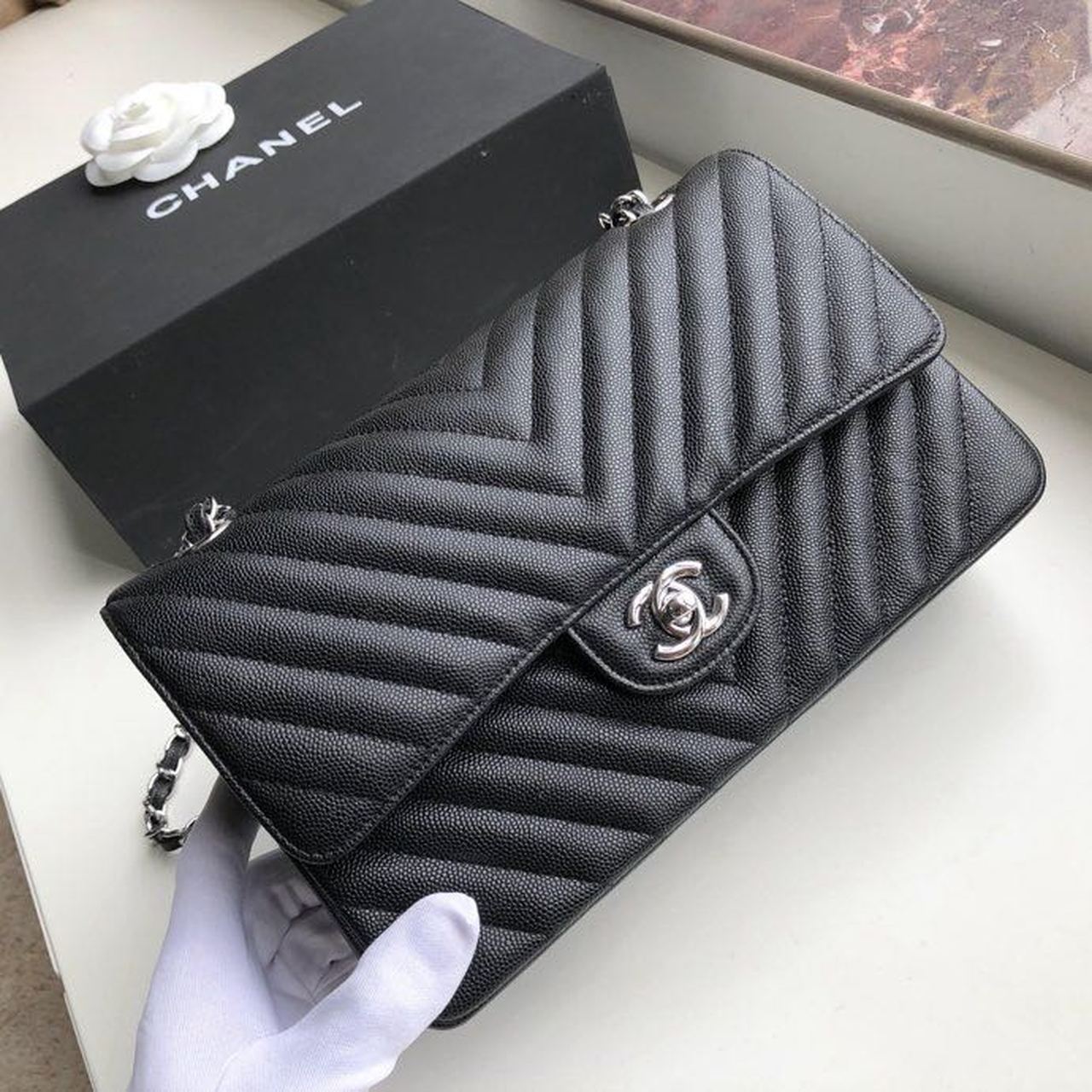 CHL Chevron Classic Handbag Silver Hardware Black For Women, Women’s Bags, Shoulder And Crossbody Bags 10.2in/26cm