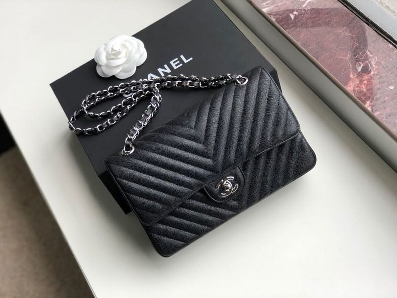 CHL Chevron Classic Handbag Silver Hardware Black For Women, Women’s Bags, Shoulder And Crossbody Bags 10.2in/26cm