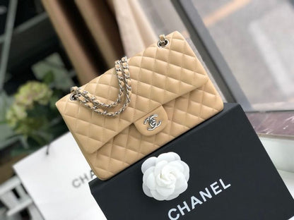 Chanel Classic Handbag Silver Hardware Beige For Women, Women&#8217;s Bags, Shoulder And Crossbody Bags 10.2in/26cm A01112
