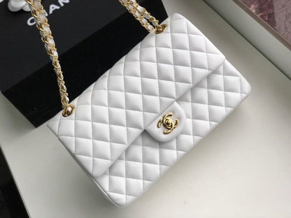 Chanel Classic Handbag Gold Toned Hardware White For Women, Women&#8217;s Bags, Shoulder And Crossbody Bags 10.2in/26cm A01112
