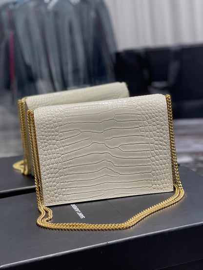 YSSL Cassandra Medium Chain Bag White In Grain De Poudre Embossed For Women 8.6in/22cm YSL