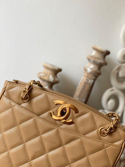 ChanelVintage Beige Medium Quilted Caviar Tote Bag For Women 28cm/11in