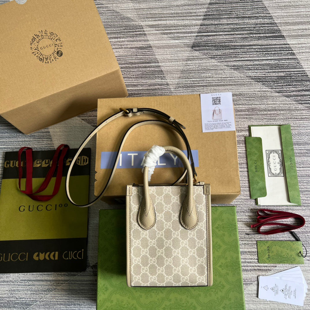 gg Mini Tote Bag With Interlocking G Beige For Women, Women&#8217;s Bags 7.8in/20cm gg ‎671623 UULBT 9683