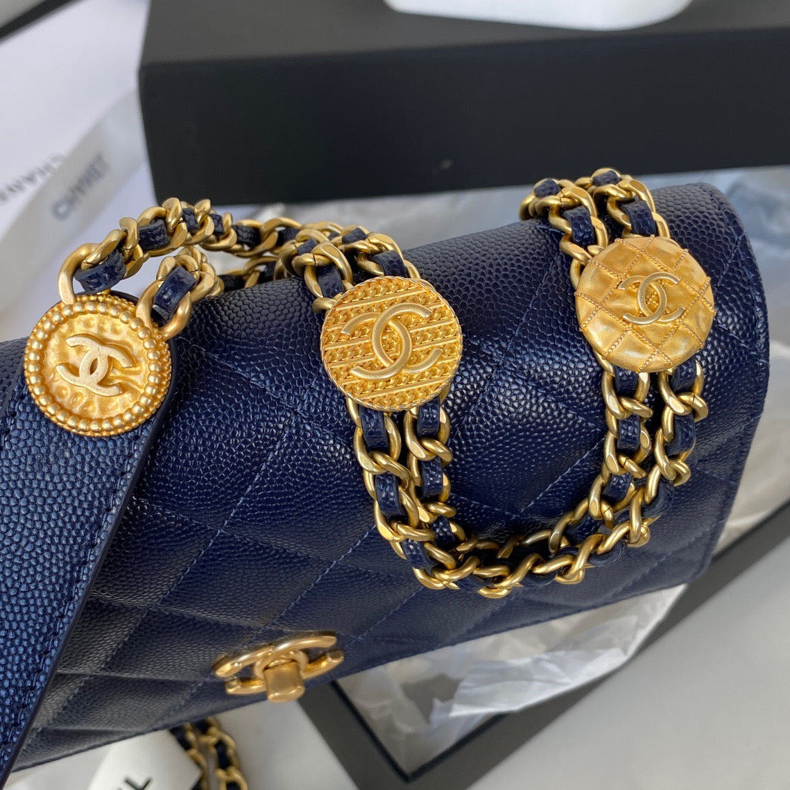 ChanelSmall Flap Bag Gold Hardware Navy Blue For Women, Women’s Handbags, Shoulder Bags 7.5in/19cm AP2840