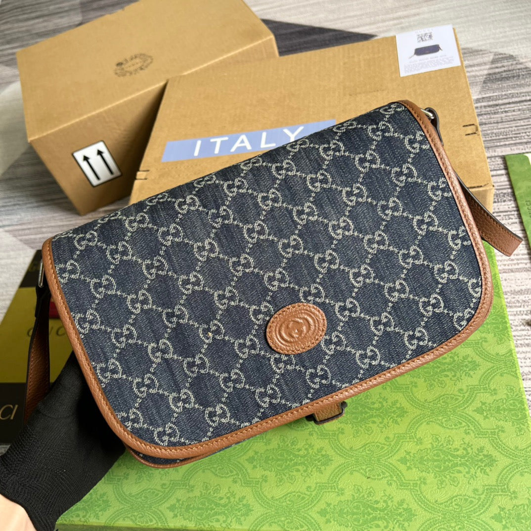 gg Children&#8217;s gg  Messenger Bag Dark Blue And Ivory Eco Washed Organic gg Jacquard Denim For Women  11.4in/29cm gg
