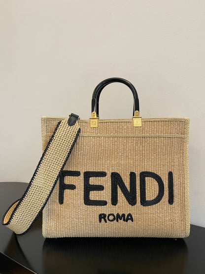 FI Sunshine Medium Beige and Black straw shopper Bag For Woman 31cm/12in 8BH386AKRPF1CBX