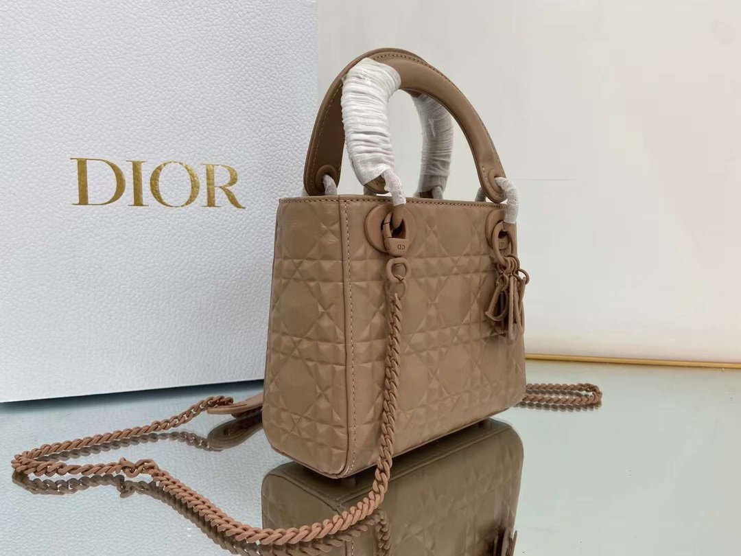 DI Mini Lady Bag Cannage with Beaded Motif, Brown, For Women Women’s Handbags, Crossbody Bags, 18cm CD