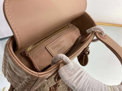 DI Mini Lady Bag Cannage with Beaded Motif, Brown, For Women Women’s Handbags, Crossbody Bags, 18cm CD