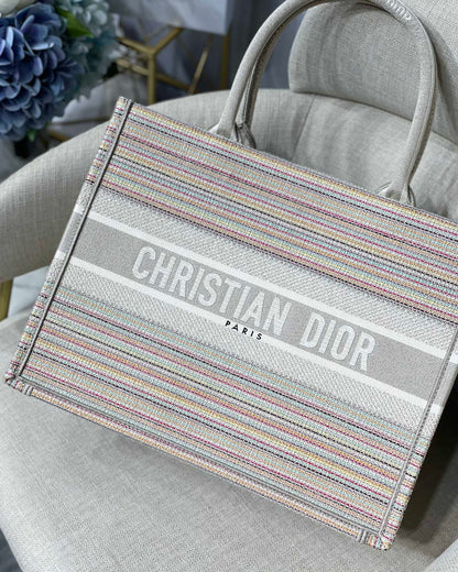 DI Medium Book Tote Bag Canvas Stripes Embroidery For Women 36cm/16.5in CD