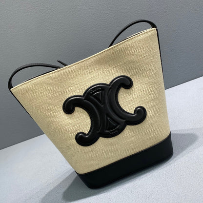 CE Small Bucket Cuir Triomphe In Textile Beige/Black For Women 9in/22cm