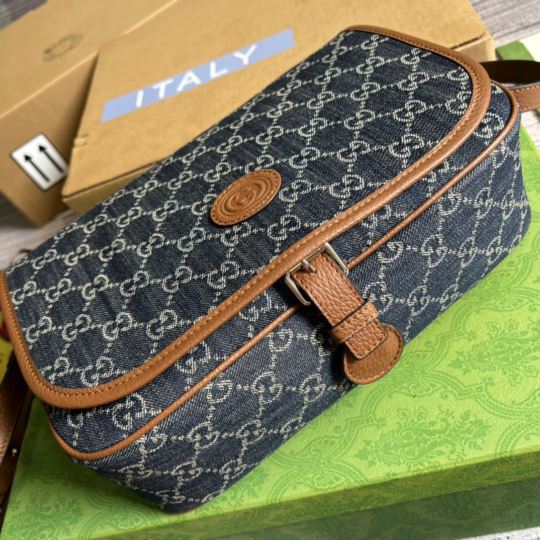 gg Children&#8217;s gg  Messenger Bag Dark Blue And Ivory Eco Washed Organic gg Jacquard Denim For Women  11.4in/29cm gg