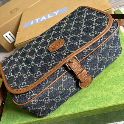 gg Children&#8217;s gg  Messenger Bag Dark Blue And Ivory Eco Washed Organic gg Jacquard Denim For Women  11.4in/29cm gg