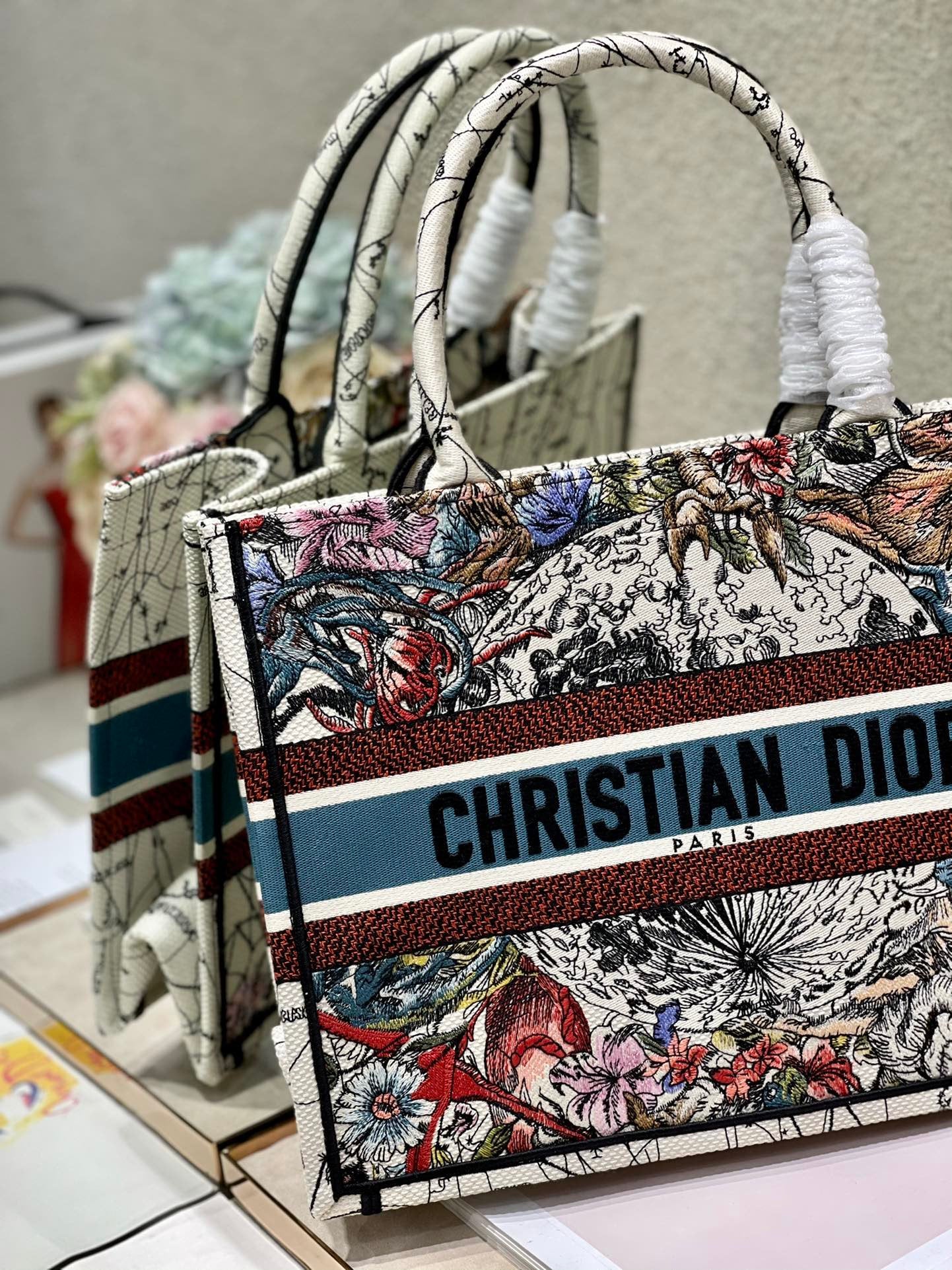 DI Medium Book Tote Latte Multicolor Zodiac Embroidery, Latte Multicolor, For Women Women’s Handbags, Shoulder Bags, 36cm CD