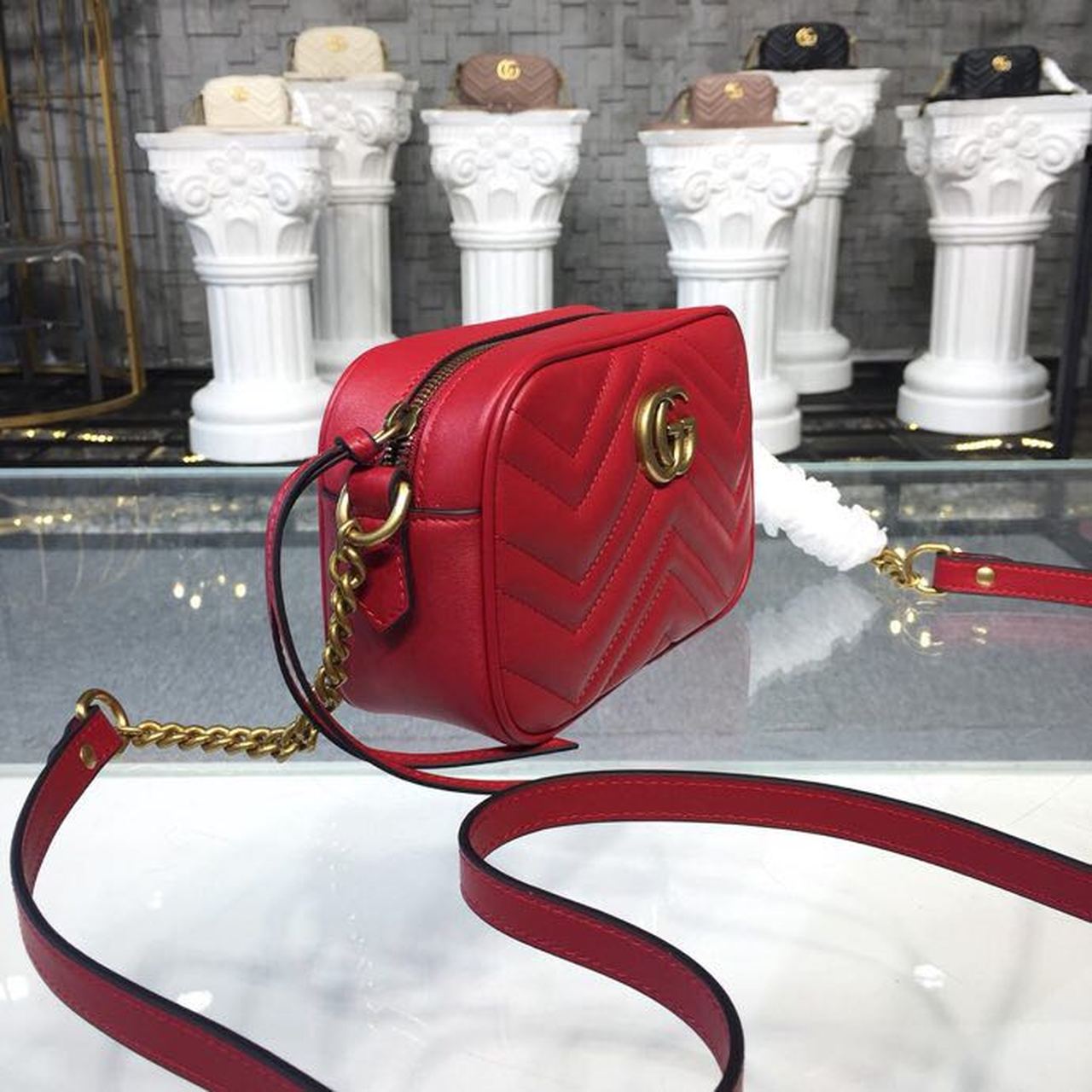 gg Marmont Matelassé Mini Bag Hibiscus Red Matelassé Chevron For Women 7in/18cm gg