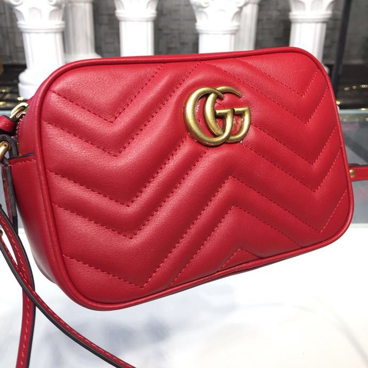gg Marmont Matelassé Mini Bag Hibiscus Red Matelassé Chevron For Women 7in/18cm gg