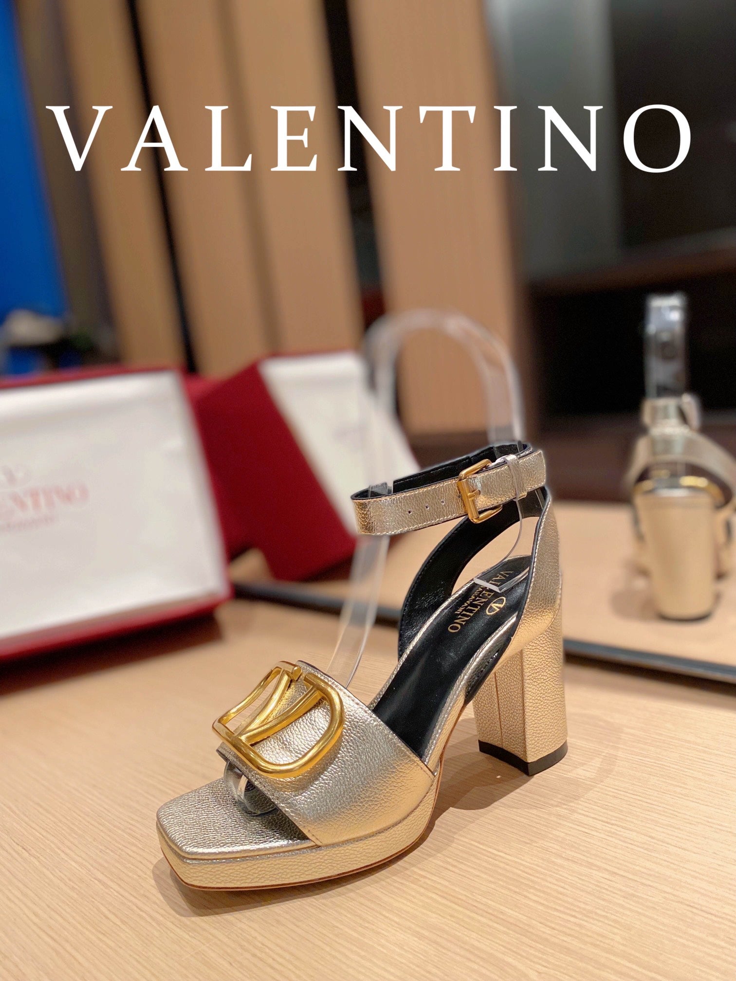 Valentino Garavani Strap Heeled Sandals With V Logo Signature Embellishment Gold For Women