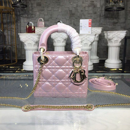 DI Mini Lady Cannage Quilted Bag with Chain Gold Toned Hardware Pink For Women 6.5in/17cm CD