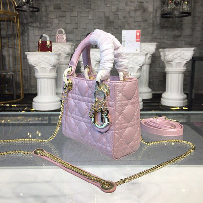 DI Mini Lady Cannage Quilted Bag with Chain Gold Toned Hardware Pink For Women 6.5in/17cm CD