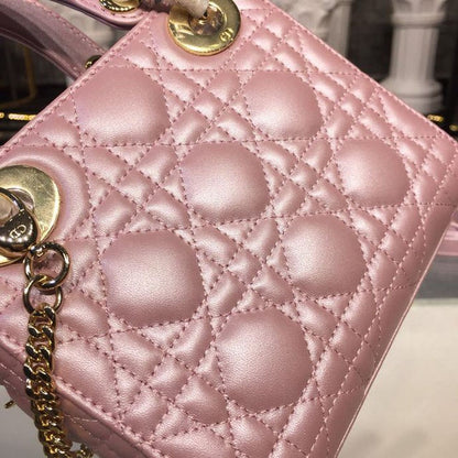 DI Mini Lady Cannage Quilted Bag with Chain Gold Toned Hardware Pink For Women 6.5in/17cm CD